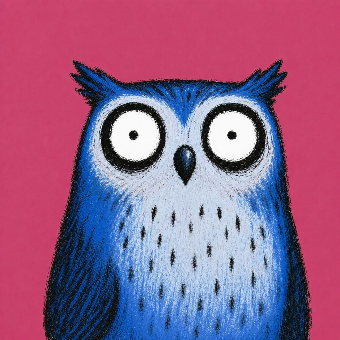 Hooty, a wide-eyed blue owl
